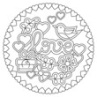 © Надежда Аксенова - Doodle hand drawn coloring book page. Love words, hearts, flowers, abstract elements. Monochrome Vector illustration