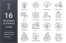 Internet Of Things Icons, Such As Smart Home, Sensor, Climat Control, IoT And More. Editable Stroke.