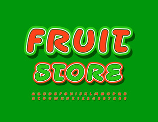 Vector colorful Emblem Fruit Store. Green and Red Bright Font. Handwritten Alphabet Letters and Numbers set