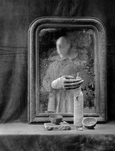Miror With Ghost. Hand On Mirror. Bottle. Mysterious. Still Life With Worn Out Mirror. Haloween