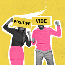 Contemporary Art Collage Of Young Cheerful Couple Spreading Positive Vibe Isolated Over Yellow Background
