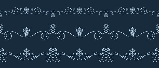 Wall Mural - Christmas seamless floral hand drawn decorative borders with swirl shapes and snowflakes. White pattern on blue background vector illustration