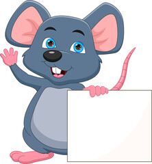 Wall Mural - cartoon cute mouse waving with blank sign