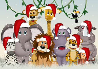 Wall Mural - illustration of savannah animals at Christmas