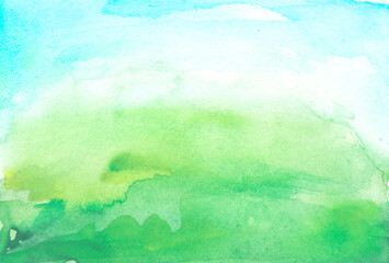 Wall Mural - Watercolor green background, blot, blob, splash of green paint. Watercolor field, meadow, spot, abstraction. Wild grass, bushes, country abstract landscape. Watercolor card, banner. splashing green 