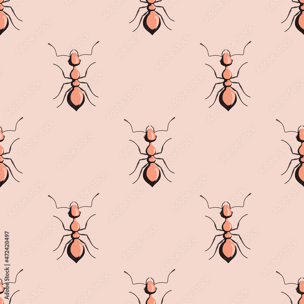 Seamless pattern colony ants on pink background. Vector insects ...