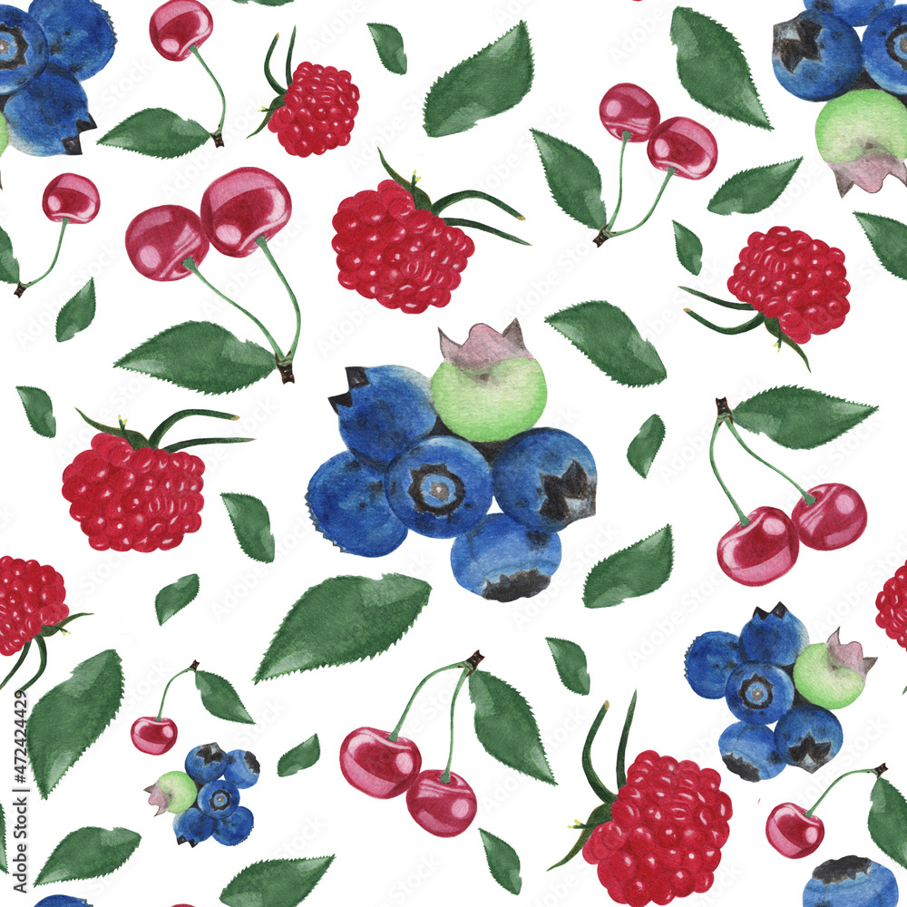 Watercolor seamless berry pattern. Beautiful hand drawn texture and ...