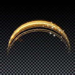 Gold magic arc. Abstract magic light effect. Luminous neon lines with flying lights.