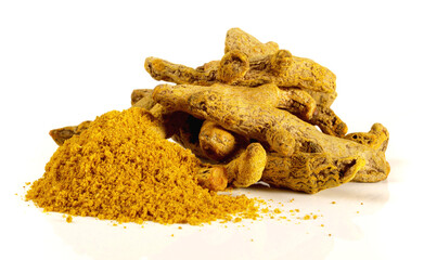 Wall Mural - Tumeric Root and Curry Powder on white Background Isolated