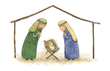 Watercolor drawing Christmas story. Mary and Joseph with baby Jesus in the stable