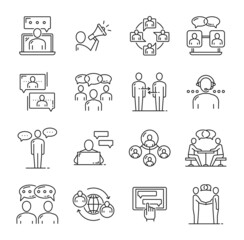 Poster - Business team chat messenger, support communication and message vector line icons. Chatbot or bot messenger app interface and help desk window for online customer support or web consultant service