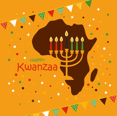 Wall Mural - Vector card of celebration Happy Kwanzaa. Holiday symbols on yellow background in african map.
