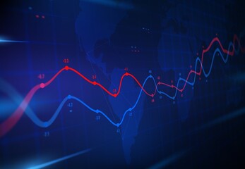 Poster - Financial data analytics graph. Business forecast, graphs on world map. Vector infographics with stock value, markets indexes fluctuations. Global economy, trade and investment info visualization