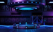 © Shutter2U - Inside spaceship laboratory interior architecture and empty podium for cyberpunk product presentation. Technology and Sci-fi concept. 3D illustration rendering