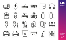 Gadgets And Personal Computer Accessories Isolated Icons Set. Set Of Pc Accessories, Wireless Mouse, Keyboard, Flash Drive, Usb Cable, Mic, Cam, Headphones, Usb Hub, Computer Cable Icons 