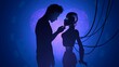 © lidiia - Silhouette of a pair of man and robot woman us against the background of blue light and heart. Cyber love concept
