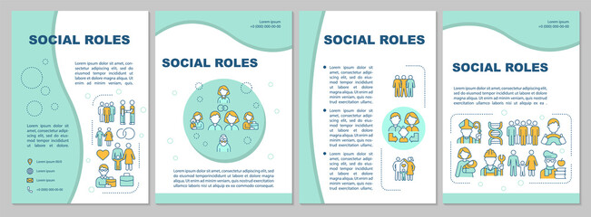 Social position blue brochure template. Person role at community. Flyer, booklet, leaflet print, cover design with linear icons. Vector layouts for presentation, annual reports, advertisement pages