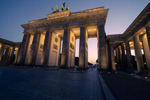 Berlin, Germany. Long Exposure Night Photograph Of The Brandenburg Gate.