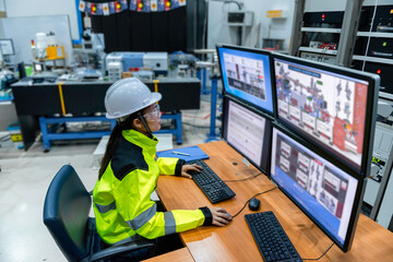 Inside the large Industry Factory Female Computer Engineer Works on Personal Computer She coding program for control machine,Thailand people work on fours monitors,Programmer working with serious