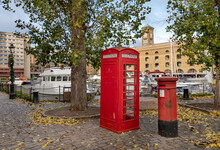 Classic Red British Telephone Booth And Post Box In London.