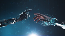 3D Render Of Robotic Hand Touching And Turning Crop Cyborg Into Businessman Against Digital Graphs And Data