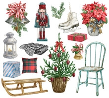 Farmhouse Christmas Home Decor Clipart.Watercolor Xmas Tree,lantern,skates, Gift Box, Poinsettia Flower, Pillow, Bell And Nutcracker.Winter Rustic Wooden Home Decor