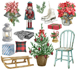 Farmhouse christmas home decor clipart.Watercolor Xmas tree,lantern,skates, gift box, poinsettia flower, pillow, bell and nutcracker.Winter rustic wooden home decor