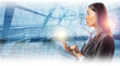 © Paulista - Side view of young businesswoman holding a tablet in a blue abstract background. Mixed media