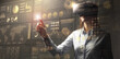 © Paulista - Young businesswoman in vr glasses touching a virtual screen with HUD interface. Internet of things and modern technologies concept. Mixed media.