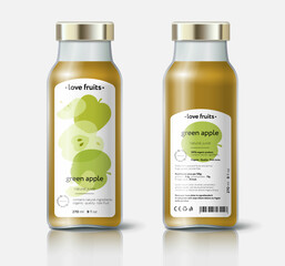 Wall Mural - Apple juice packaging. Beautiful transparency whole and cut fruits. Bottle template with face and back labels. 