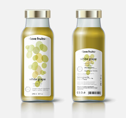 White grape juice packaging. Beautiful transparency whole and cut fruits. Bottle template with face and back labels. 