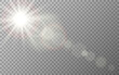 © Vegorus - Lens flare effect. Sun glare on transparent backdrop. Light rings and color highlights. Sunlight bright flash with rays. Sunny warm glow. Vector illustration