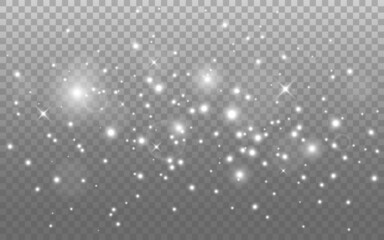 Poster - Glowing lights effect. Silver sparkle, stars and bokeh. Magic beautiful glitter. White sparks and flares. Abstract glow composition. Isolated holiday shine. Special silver dust. Vector illustration