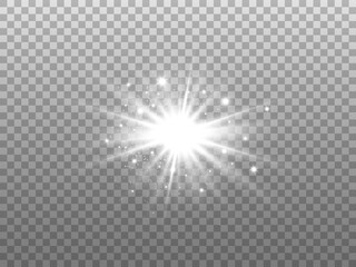 Poster - Glowing star isolated on transparent backdrop. White explosion with dust. Silver magic glitter effect. Bright burst with sparkles. Shining Christmas element. Vector illustration