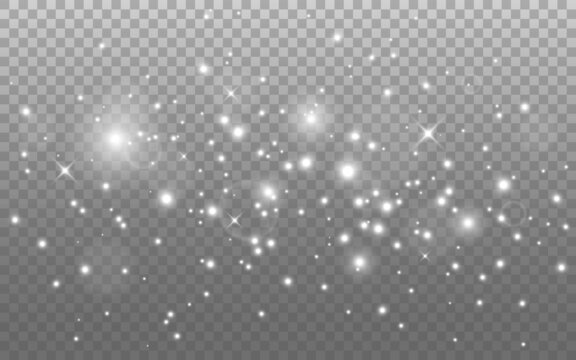 Fototapete - Glowing lights effect. Silver sparkle, stars and bokeh. Magic beautiful glitter. White sparks and flares. Abstract glow composition. Isolated holiday shine. Special silver dust. Vector illustration