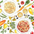 Italian food Pasta painted watercolor on a white background. 