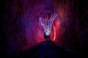 Light painting in the Historic rail tunnel, a part of an old gold mine transportation system located in Collins Drive Circuit, New Zealand