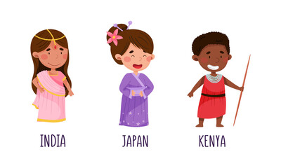 Wall Mural - Cute kids in national costumes of different countries set. Children in traditional clothing of India, Japan, Kenya cartoon vector illustration