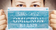Face masks with inscriptions SARS COV 2 Omicron . Covid 19 alpha, beta, gamma, delta, lambda, mu, omicron variants outbreak around the world.