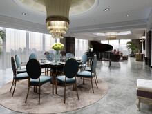 Dining Area With A Round Table And Turquoise Chairs In A Luxurious Living Room With A Black Grand Piano.