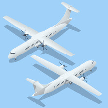 Isometric Airplanes On Blue Background. Turboprop Regional Airliner. Industrial Blueprint Of Airplane. Airliner ATR 42 In Top