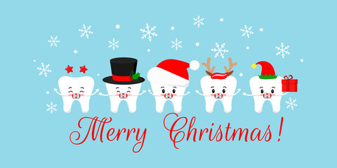 Sticker - Christmas teeth in braces with xmas accessories on dentist greeting card. Cute xmas winter tooth in brackets in santa hat elf cap deer horns and snowman cylinder. Flat cartoon vector illustration.