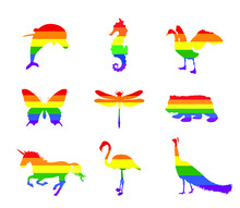 Animal Symbol Lgbt Flag Vector Silhouette Illustration, Pride Badge Sign Isolated. Gay Flag Culture Sign Set. Homosexual Pride. Lesbian Sign. Trans Sexual Human Rights And Freedom. Urban Culture.