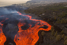 Aerial Top Down View Of Lava Floating Down The Volcan Cumbre Vieja, A Volcano During Eruption Near El Paraiso Town, Las Manchas, La Palma Island, Canary Islands, Spain.