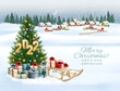 Holiday Christmas and Happy New Year background with a winter village and  christmas tree, winter sledge and colorful presents. Vector.