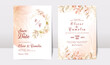Gold wedding invitation card template set with floral and watercolor background
