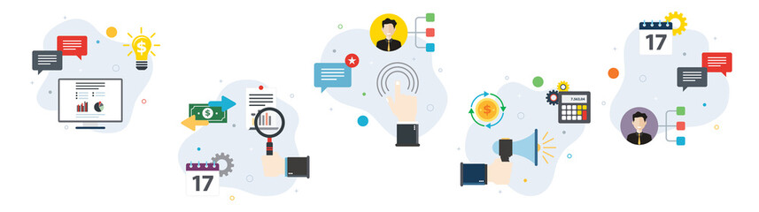 Wall Mural - Growth investment, analysis investment, business meeting, communication and finance. Flat design icons in vector illustration.