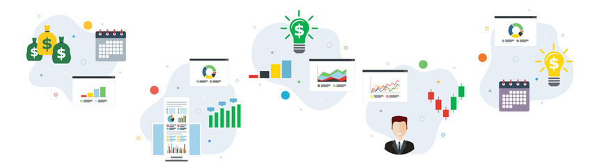 Sticker - Concepts of financial profitability, financial application, expertise investment and stock market investor. Flat design icons in vector illustration.