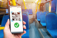 QR Code For Public Transport. QR Code In City Bus. Concept - Electronic Travel Card For Telephone. Smartphone With Visual Code For Fare Payment. Defocused Bus In Background. Key For Authorization