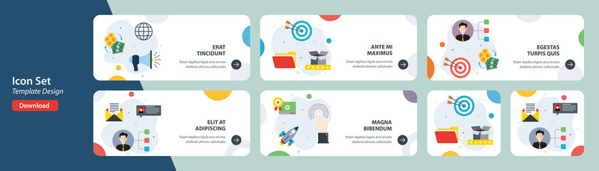 Wall Mural - web banners template in vector with icons of marketing budget, business network, solution strategy, 